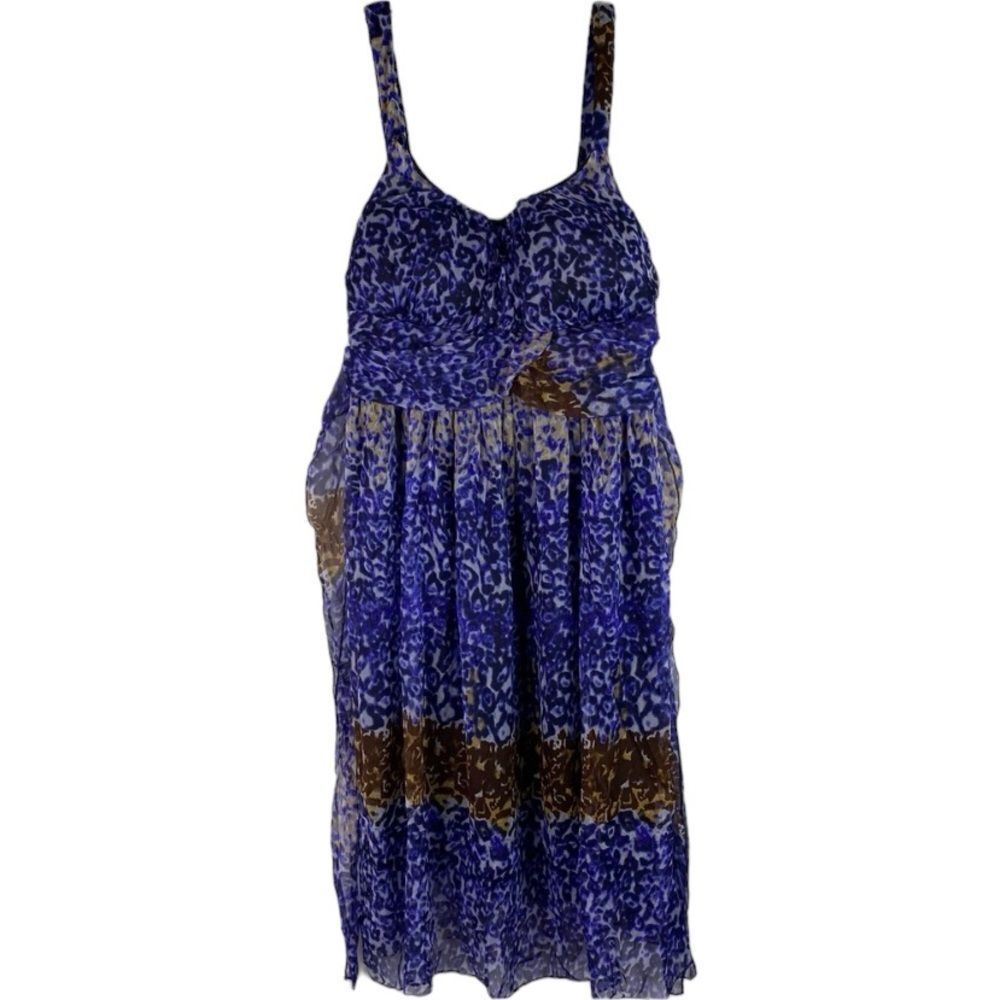 California Woman Blue Brown Leopard Animal Print Sleeveless Summer Dress L